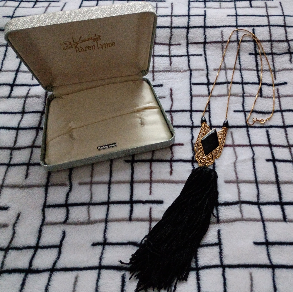 Karen Lynne Vintage Gold Tone Black Tassel Pendant Necklace 1960s 1970s